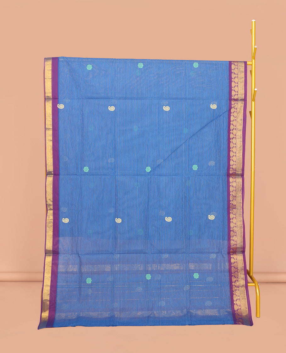 Blue Venkatagiri Cotton Saree Features Buttas and Stripes, a Contrast Traditional Zari Border, Pallu of Buttas and Stripes, and No Blouse