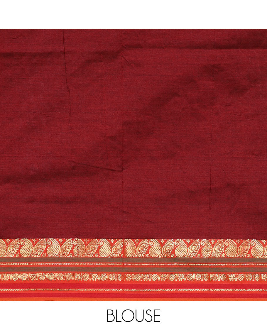 Brown plain design poly cotton saree, contrast traditional zari border & striped pallu