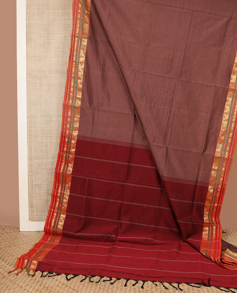 Brown plain design poly cotton saree, contrast traditional zari border & striped pallu