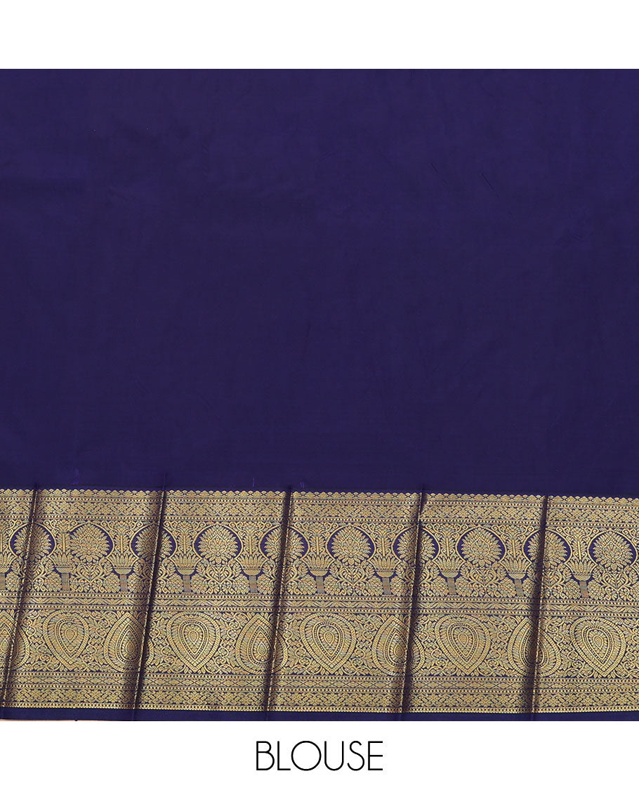 Blue Budget Silk Saree, Gleamed Up with Buttas All Over Its Body, Complemented by a Contrast Traditional Zari Design Border, Grand Pallu, and Paired with a Contrast Blouse