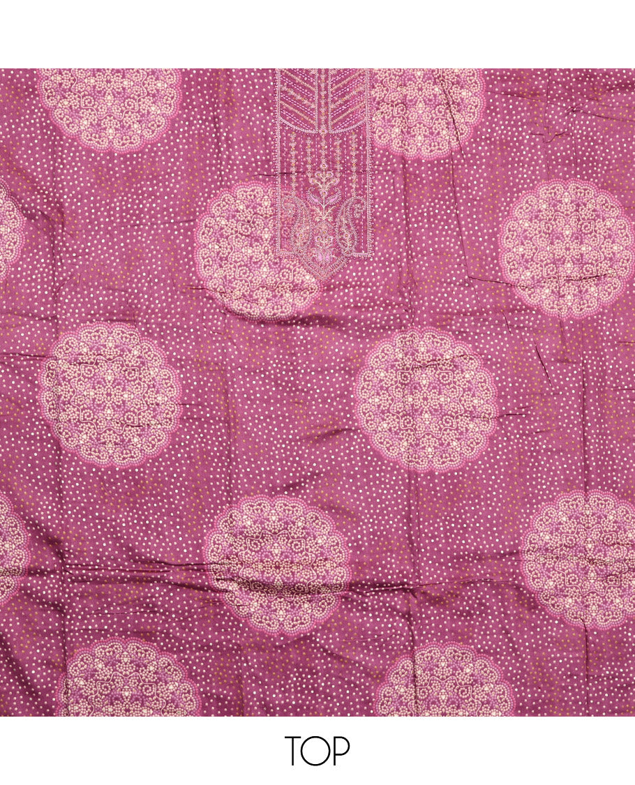 Purple Material Chudidar Set, Accentuated with Bandhani Dot Printed and Embroidery on Rayon Top, a Rayon Bottom, and Paired with Contrast Intricately Printed Cotton Dupatta