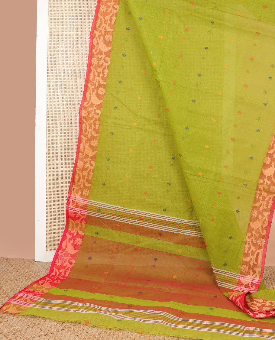 Green motifs bengal cotton saree with contrast floral design border & striped, motifs pallu