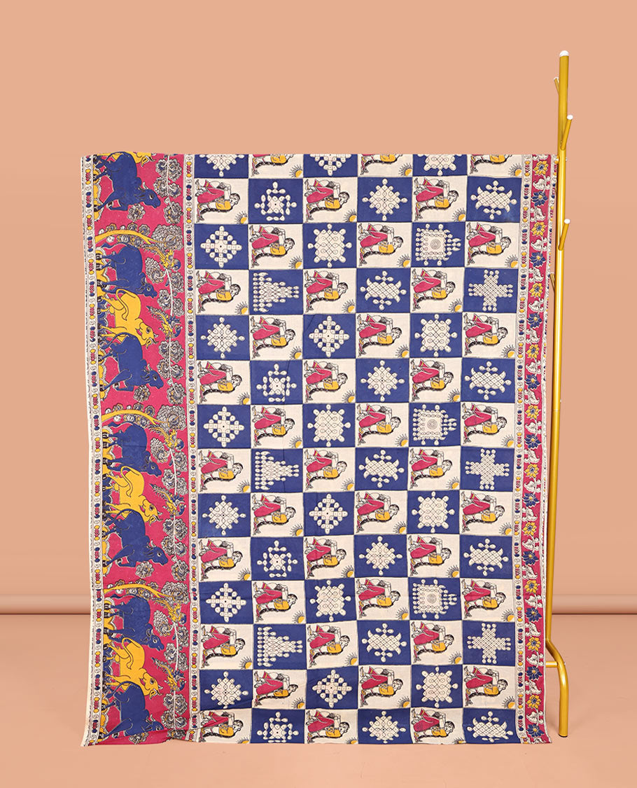 Multi-Color Machine-Printed Kalamkari Cotton Saree, Adorned with Kolam and Human Motif Enclosed Checks on Its Body, Complemented by a Contrast Pichwai Cow Printed Border, Pallu of Floral Vine Print, and Paired with a Printed Blouse