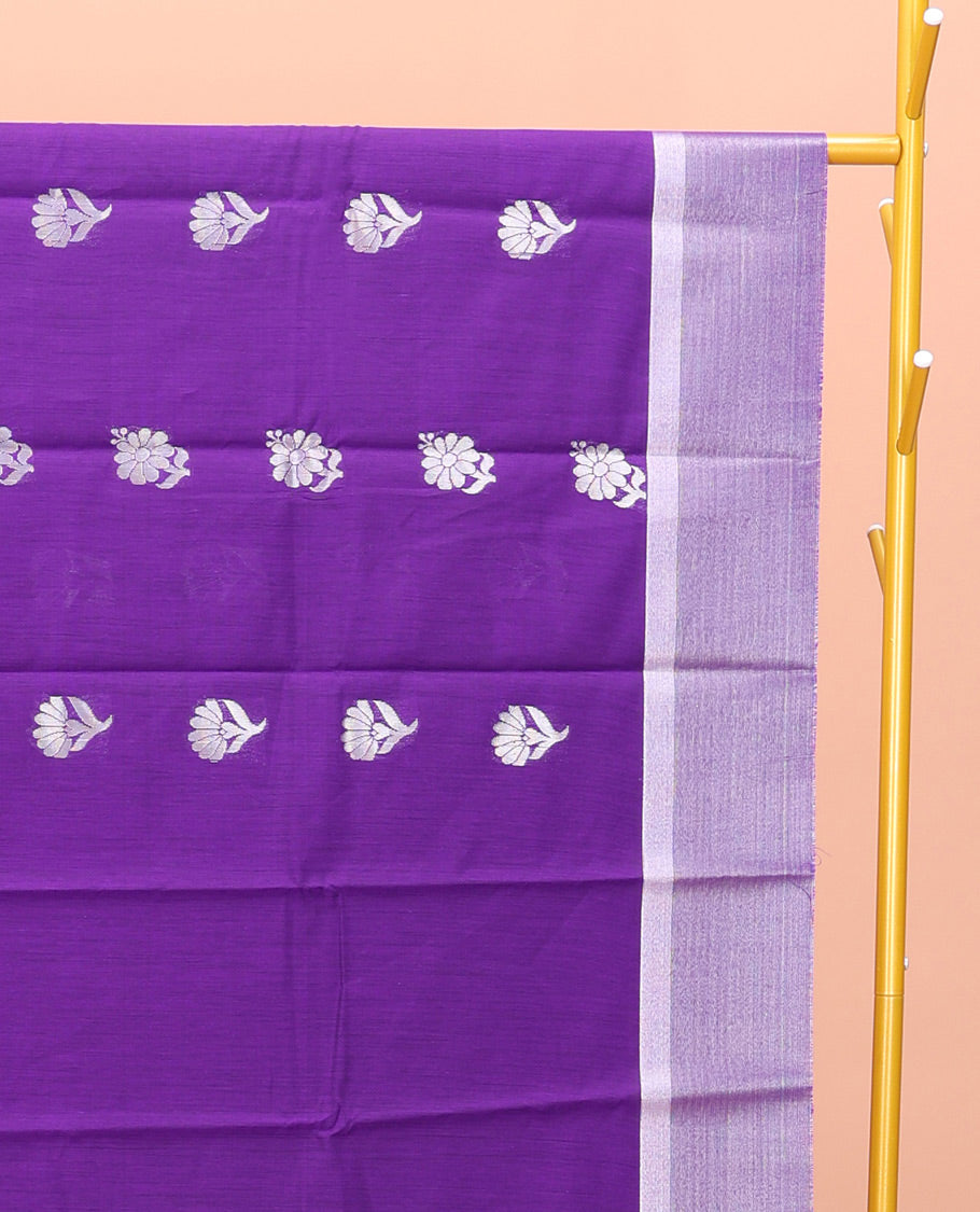 Violet Semi-Silk Cotton Saree, Detailed with Floral Buttas on Its Body, a Subtle Zari Border, Pallu Features Floral Designs, and Paired with a Matching Blouse