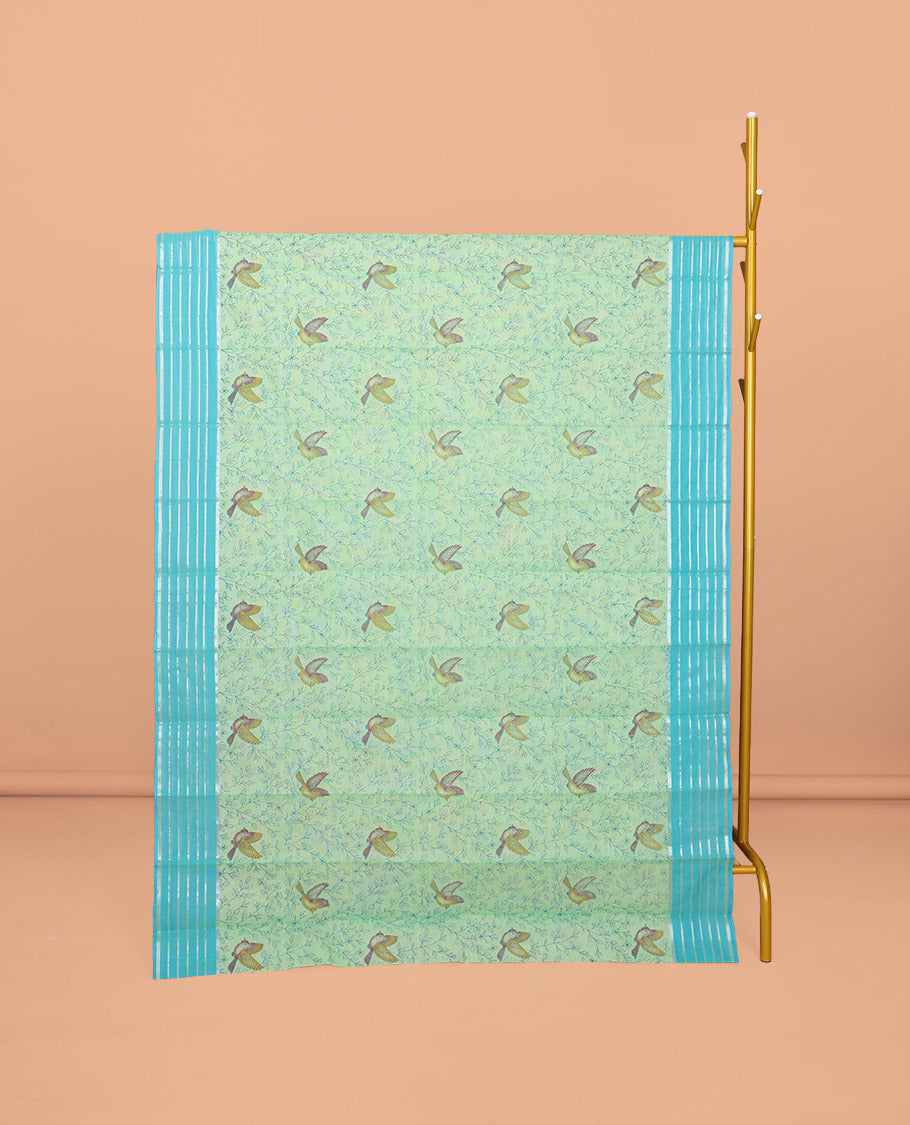 Green Chirala Cotton Saree, Elevated with Floral and Deer Motifs, a Contrast Deer Motifs Border, Striped Pallu, and a Matching Blouse