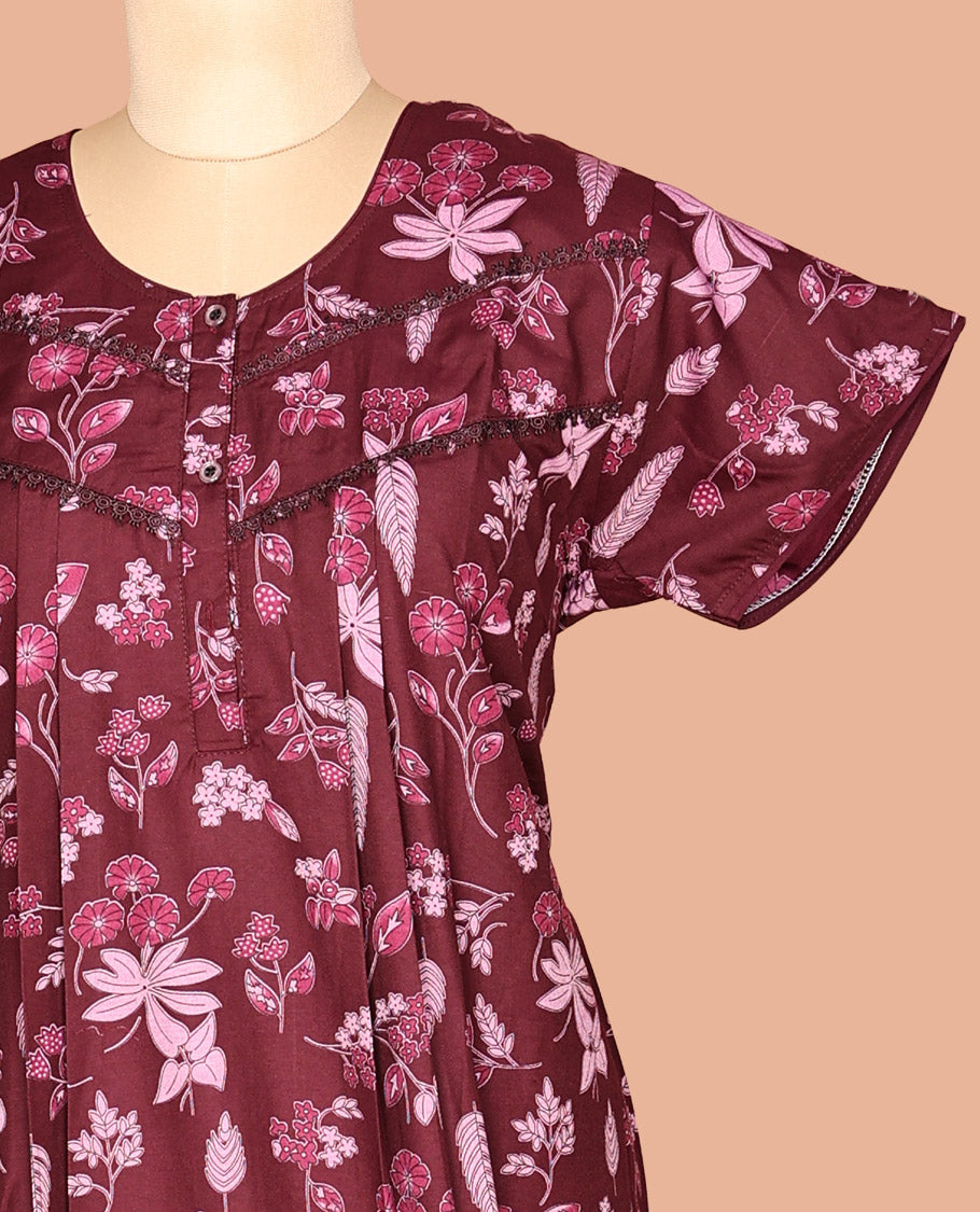 Maroon Tropical Cotton-Blended Nighty