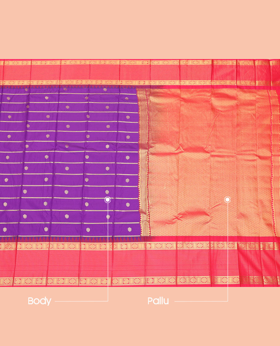Violet Budget Silk Saree, Decorated with Zari Buttas and Stripes, Contrast Traditional Zari Temple Border, Grand Jaal Pallu, and a Contrast Blouse