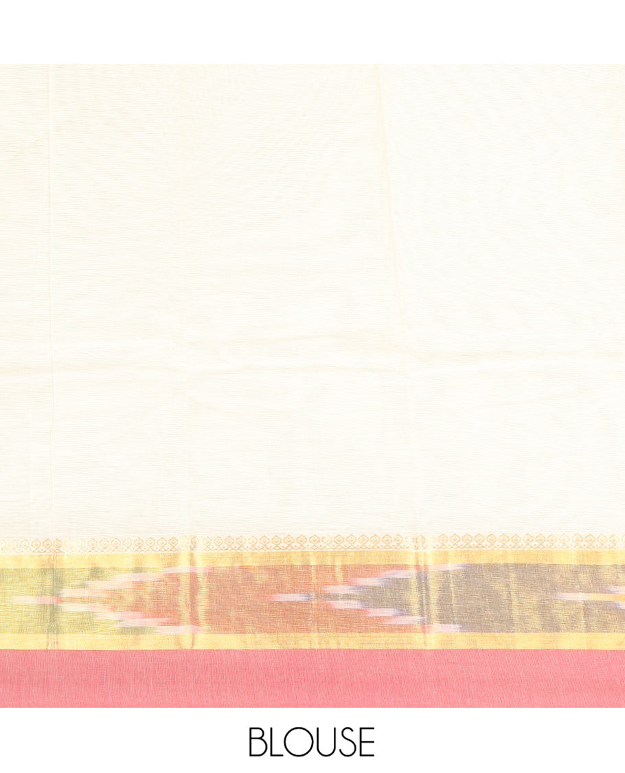 Off-White Kanchi Cotton Saree, Showcasing Buttas All Over Its Body, Complemented by a Contrast Ikkat Border, Pallu of Floral Designs, and Paired with a Matching Blouse