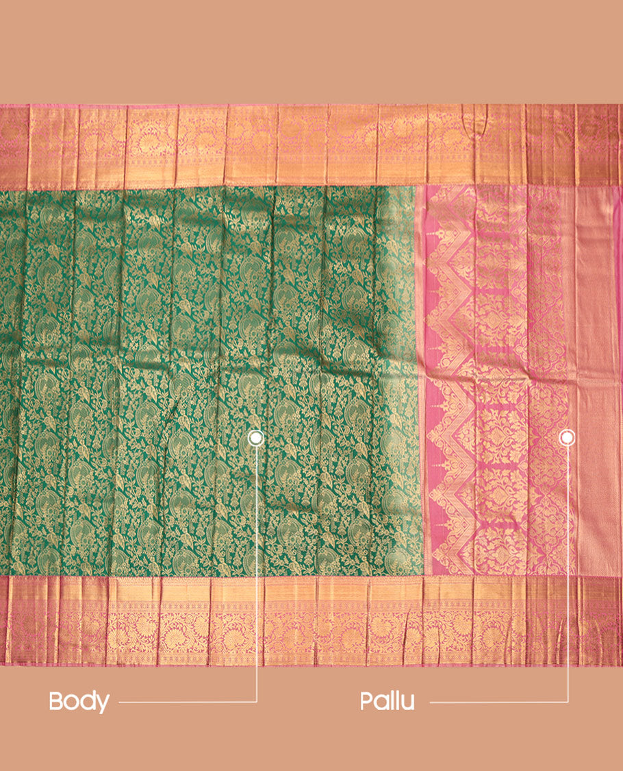 Green Budget Silk Saree, Embellished with Floral Jacquard Design, Complemented by Contrast Traditional Zari Border, Intricate Pallu, and Contrast Blouse