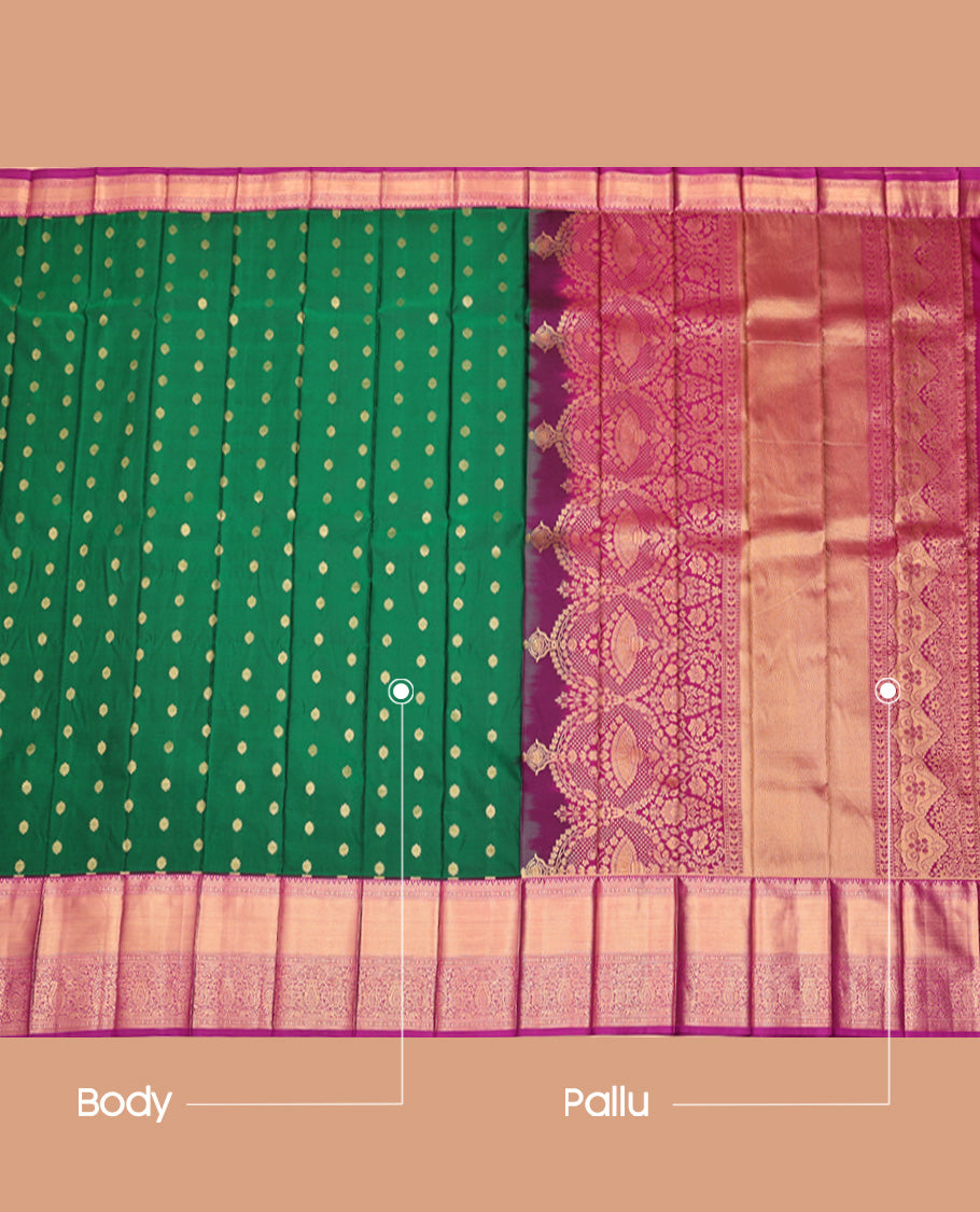Green Budget Silk Saree, Detailed with Zari Buttas, Complemented by a Contrast Traditional Zari Design Border, Grand Pallu, and Paired with a Contrast Blouse