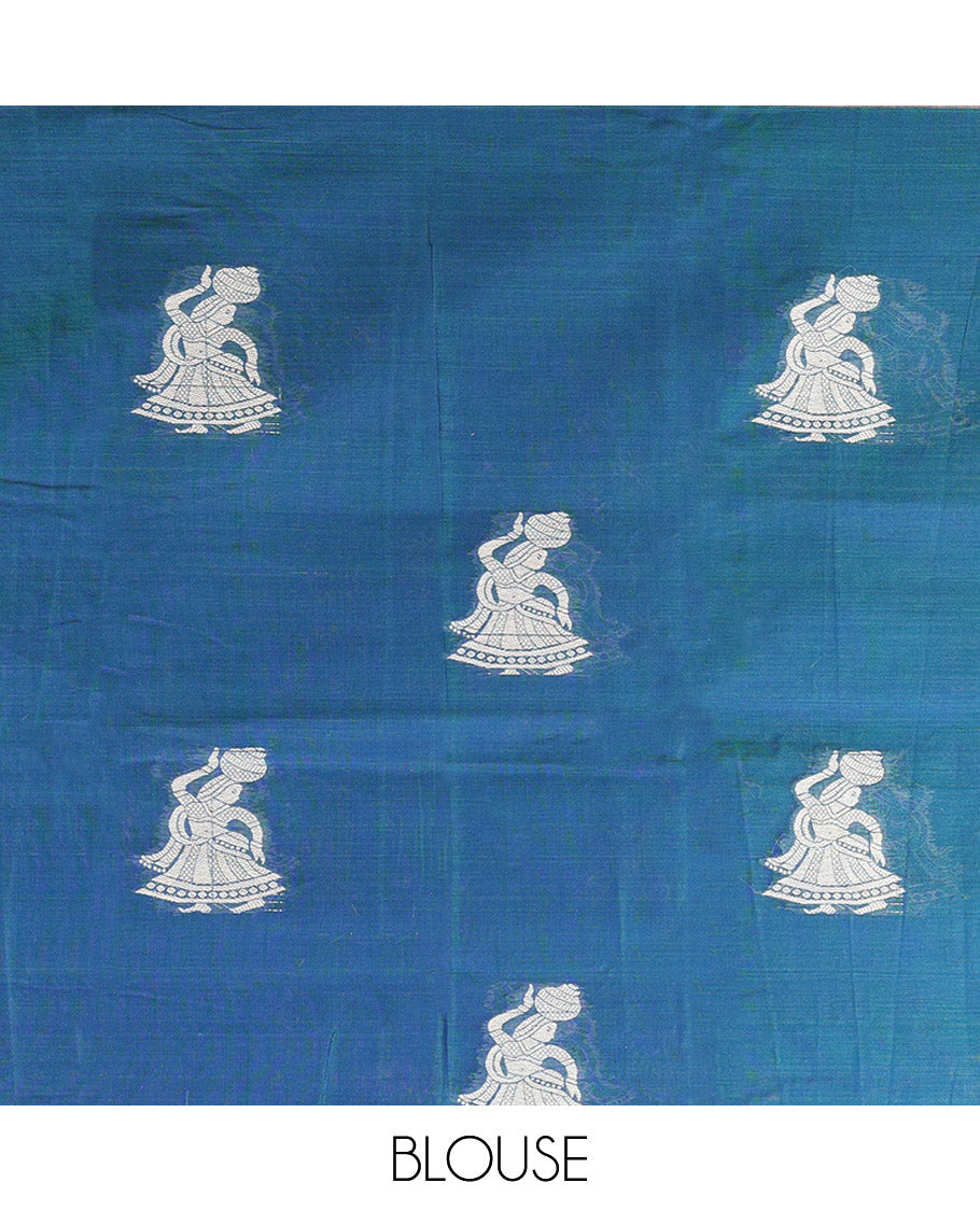 Blue Narayanapet Cotton Saree Decked Up with Girl with a Pot Motifs, Subtle Self-Border, Pallu Mirrors the Same Body Motifs, and Paired with a Matching Blouse