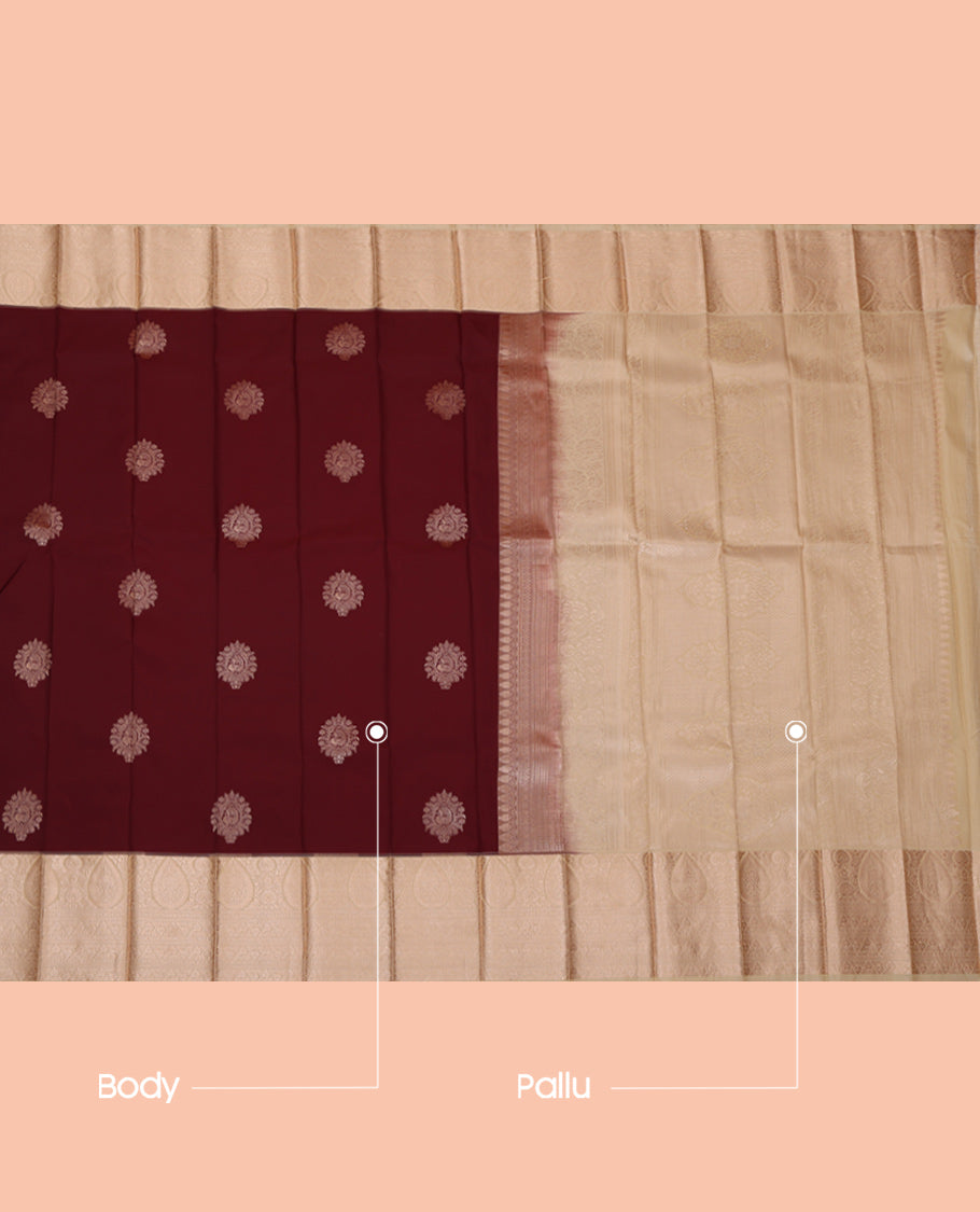 Maroon Budget Silk Saree, Detailed with Zari Buttas, Complemented by a Contrast Traditional Zari Border, Grand Pallu, and a Contrast Blouse