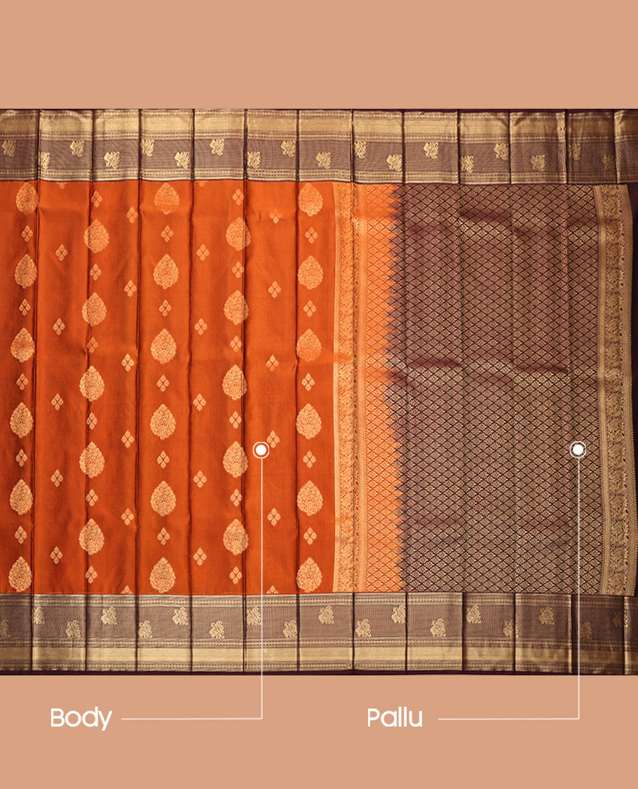Orange Budget Silk Saree, Adorned with Zari Buttas, Complemented by a Contrast Traditional Zari Border, Jaal Pallu, and a Contrast Blouse
