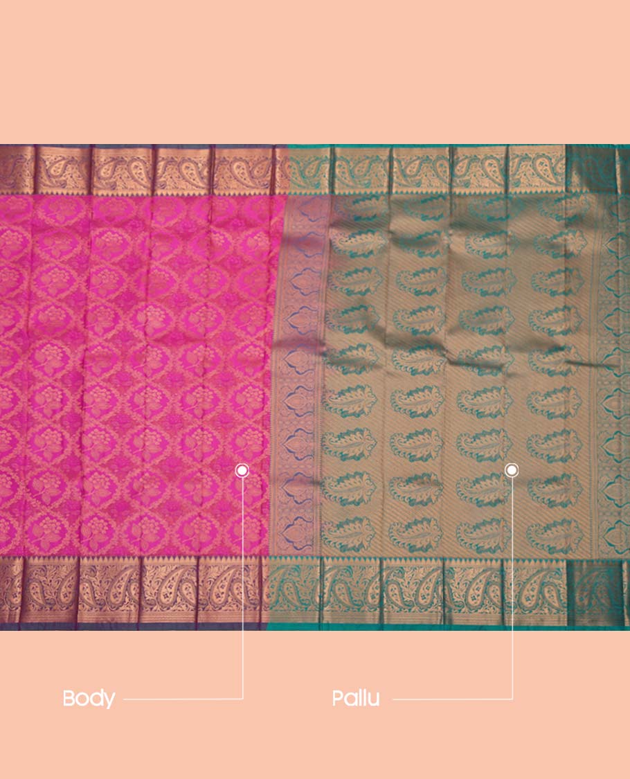Pink Budget Silk Saree, Enthralled with Jacquard Design, Complemented by a Contrast Paisley Zari Design Border, Pallu of Paisleys, and a Contrast Blouse