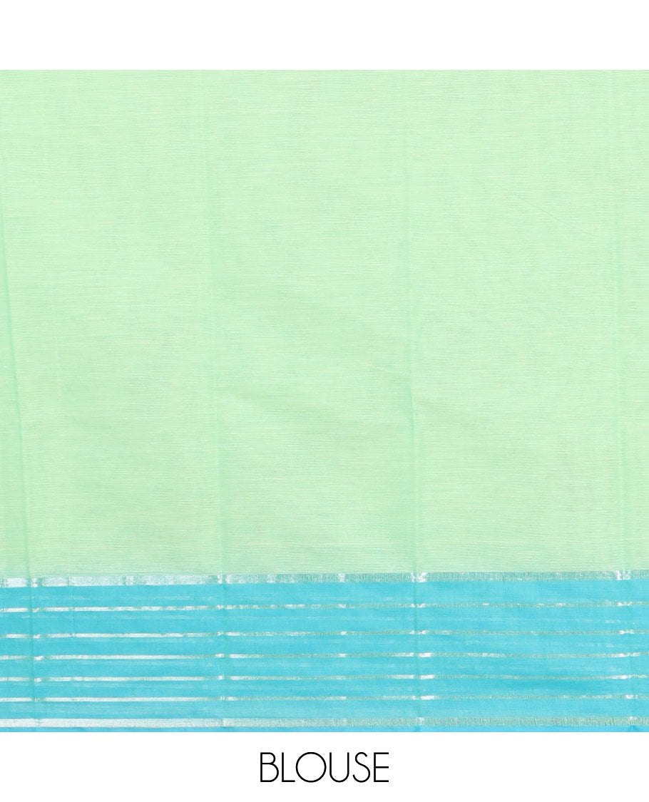 Green Chirala Cotton Saree, Elevated with Floral and Deer Motifs, a Contrast Deer Motifs Border, Striped Pallu, and a Matching Blouse