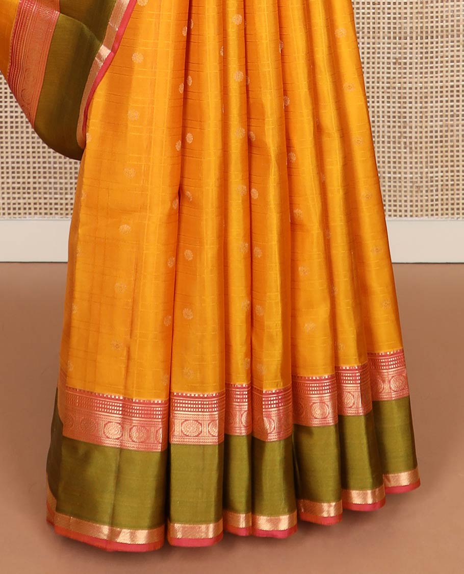 Yellow stripes & zari buttas silk saree, contrast jaal pallu & rettai pettu border of banaras,neli,chakram & kattari designs