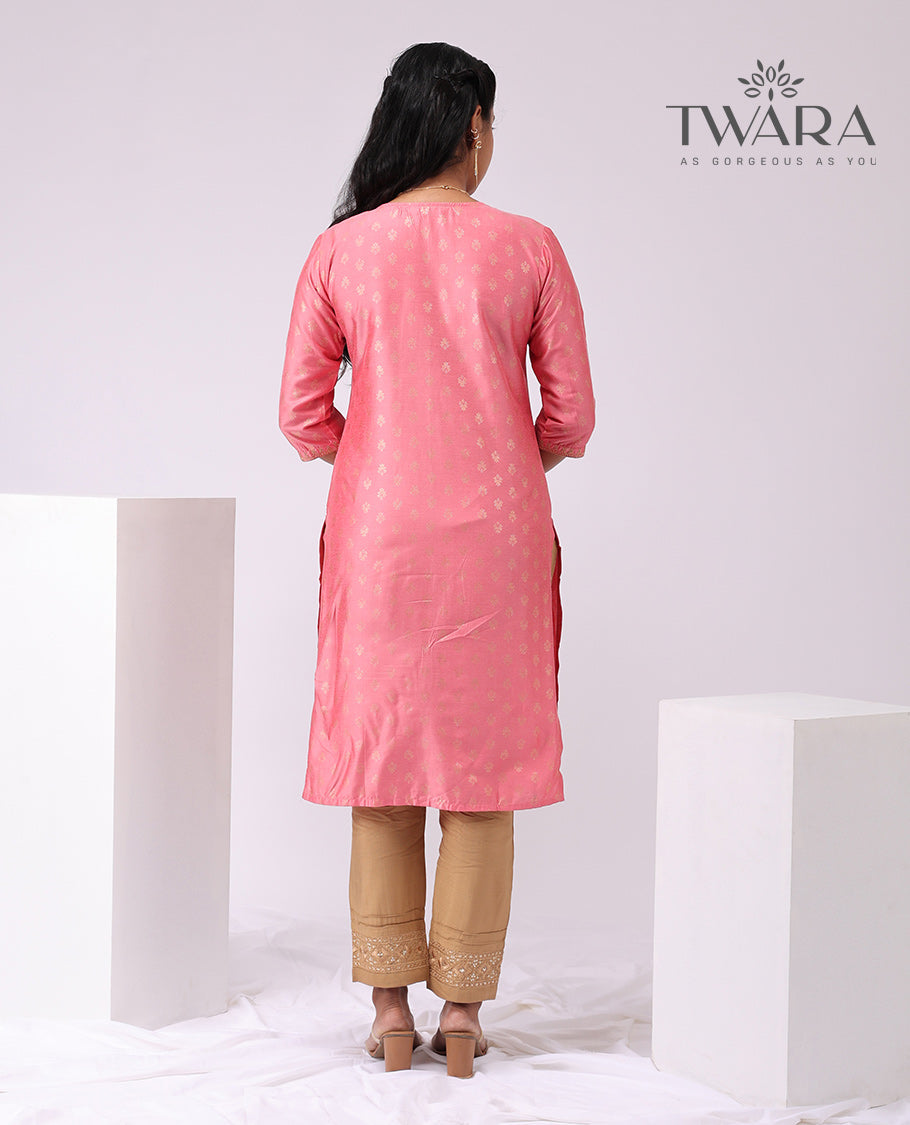 Twara peach embroidered round neck, 3/4 th sleeve , knee lenght straight cut kurti