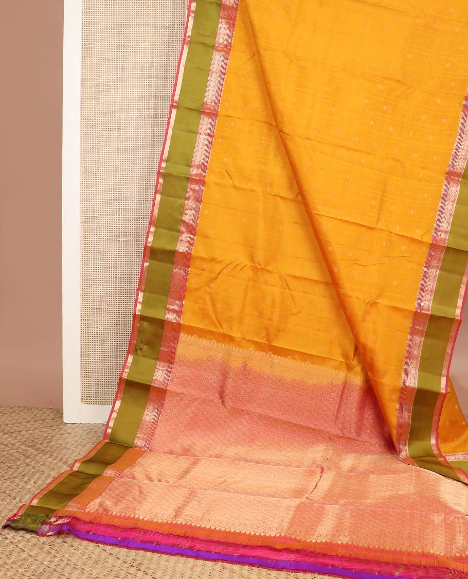 Yellow stripes & zari buttas silk saree, contrast jaal pallu & rettai pettu border of banaras,neli,chakram & kattari designs