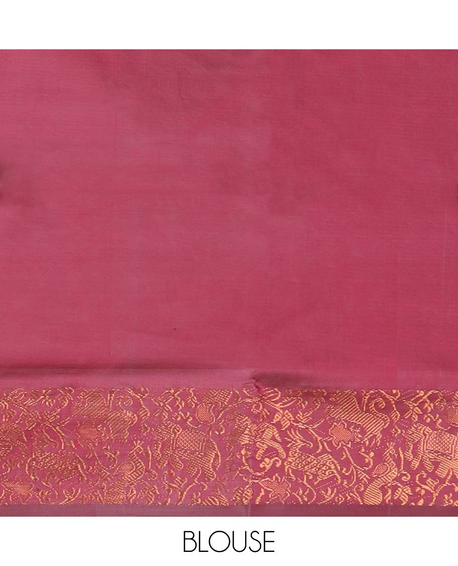 Pink floral motifs banana pith saree with contrast zari border & striped , floral motifs pallu