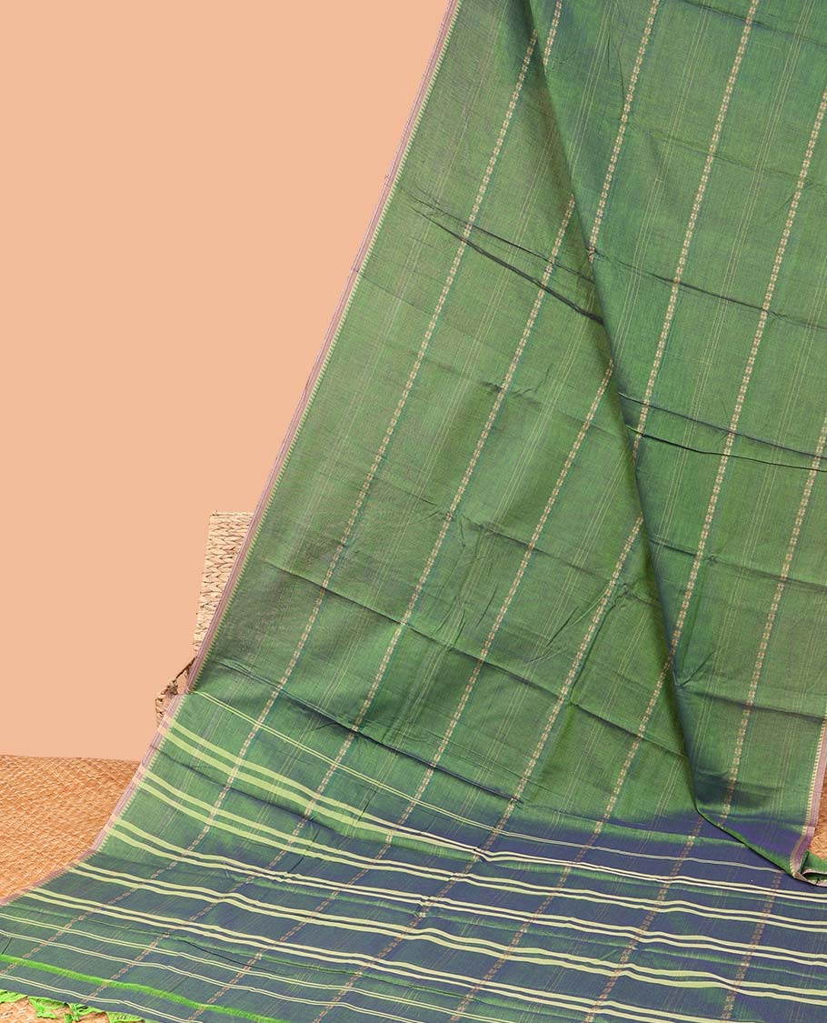 Borderless green striped Narayanapet cotton saree, striped pallu
