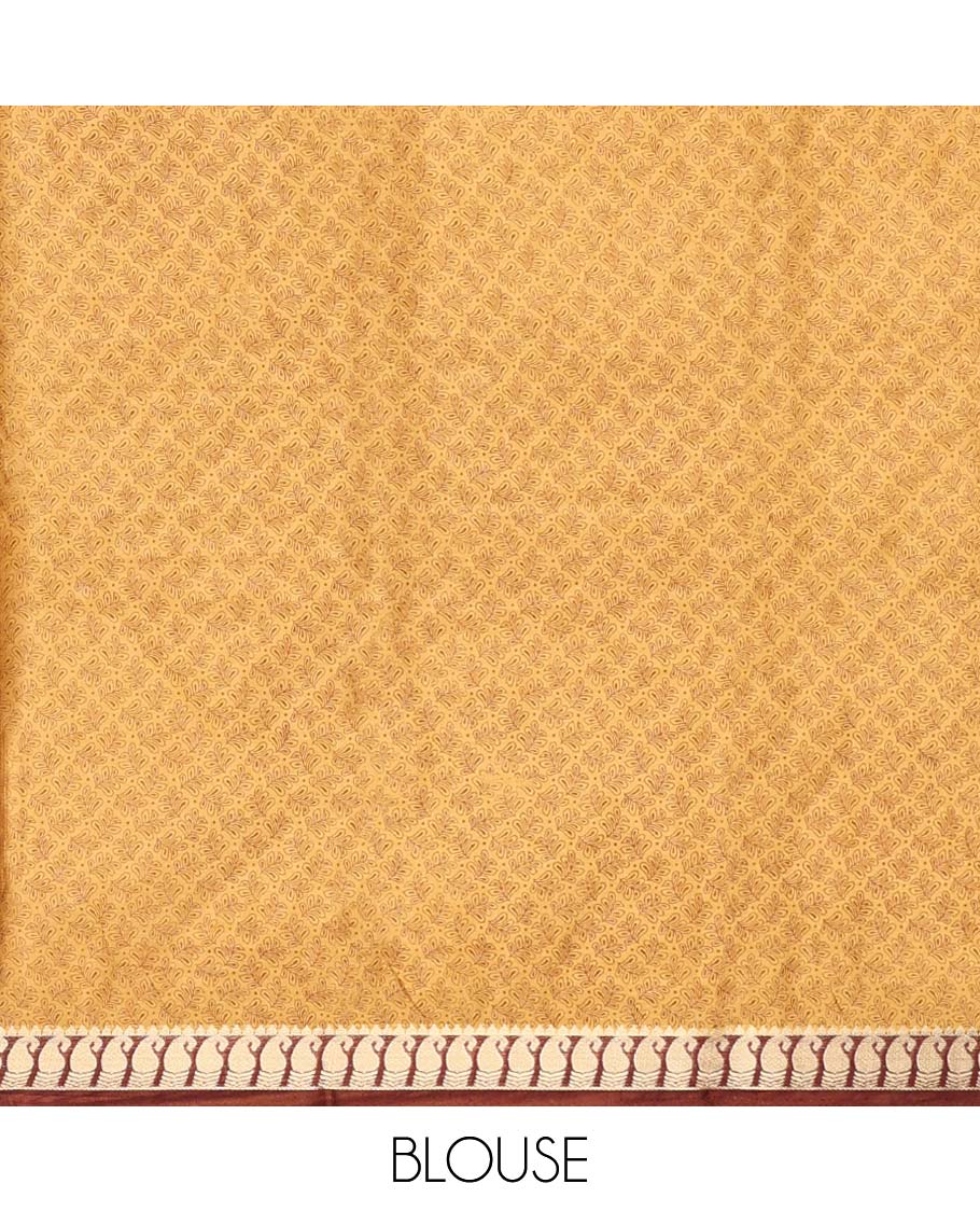 Light brown floral printed semi-banaras printed saree, paisley motifs border & intricate paisley motifs border