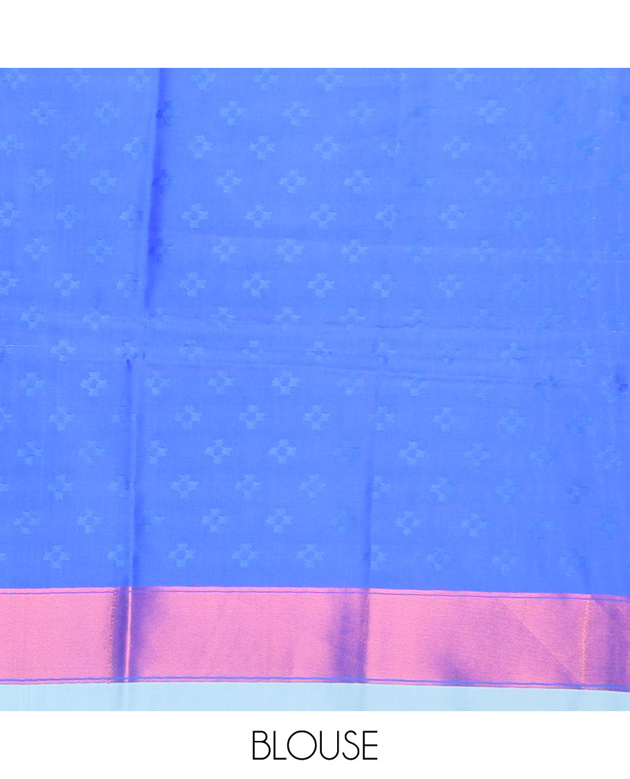 Blue floral motifs butter silk saree with contrast zig zag striped border & geometric motifs pallu