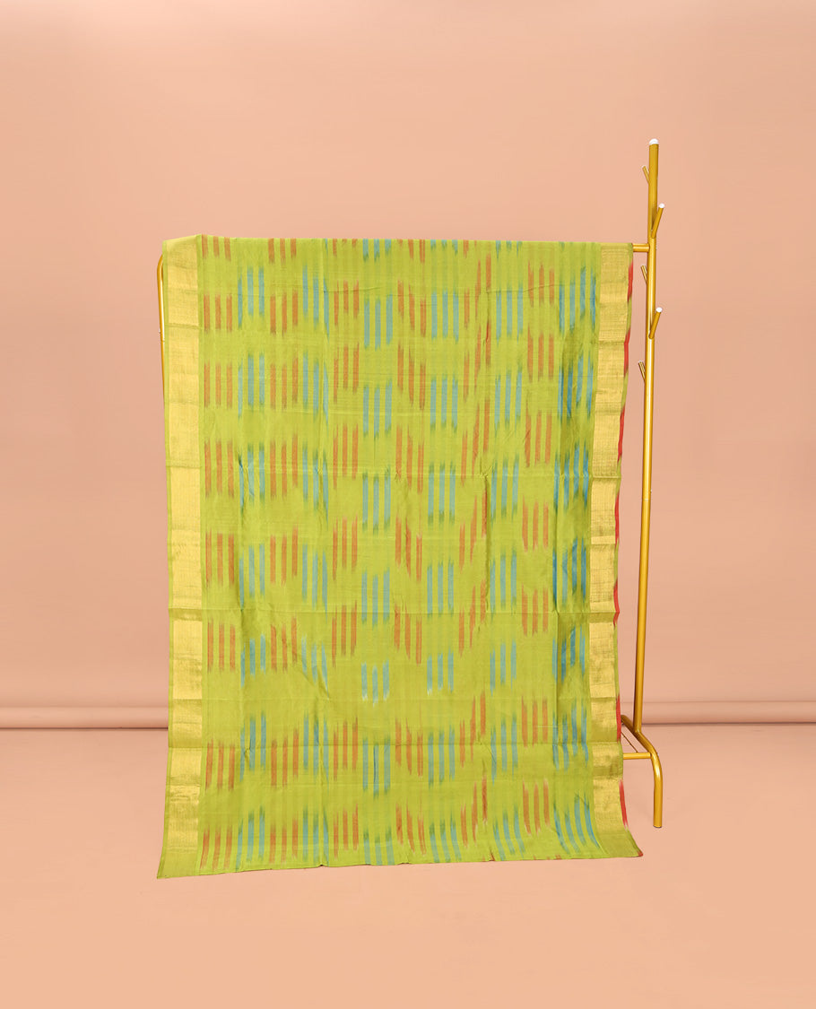 Green Poly Cotton Saree, Subtly Sparked with Buttas, Subtle Bavanji Border, Complemented by Contrast Pallu of Stripes, and Paired with a Contrast Blouse