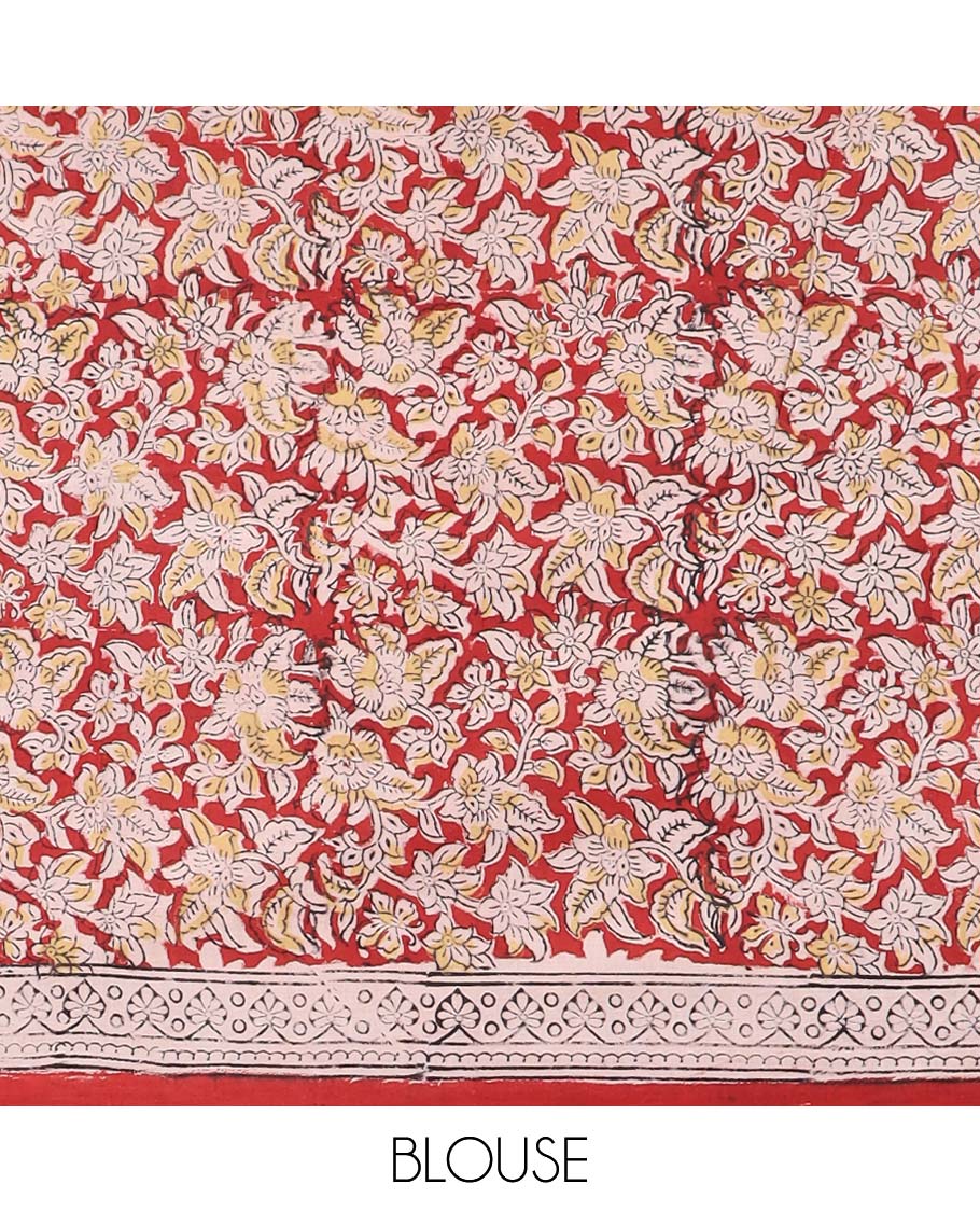 Cream floral design machine-printed kalamkari cotton saree with contrast intricate geometric design border & geometric design pallu