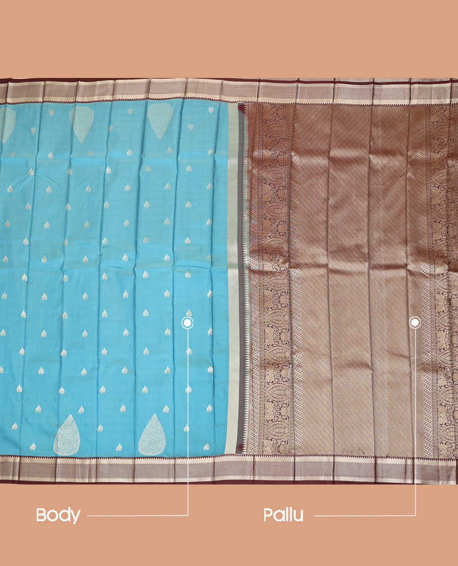 Blue Budget Silk Saree, Adorned with Zari Buttas All Over Its Body, Complemented by Contrast Traditional Zari Designs Woven Border, Grand Pallu, and Paired with a Contrast Blouse