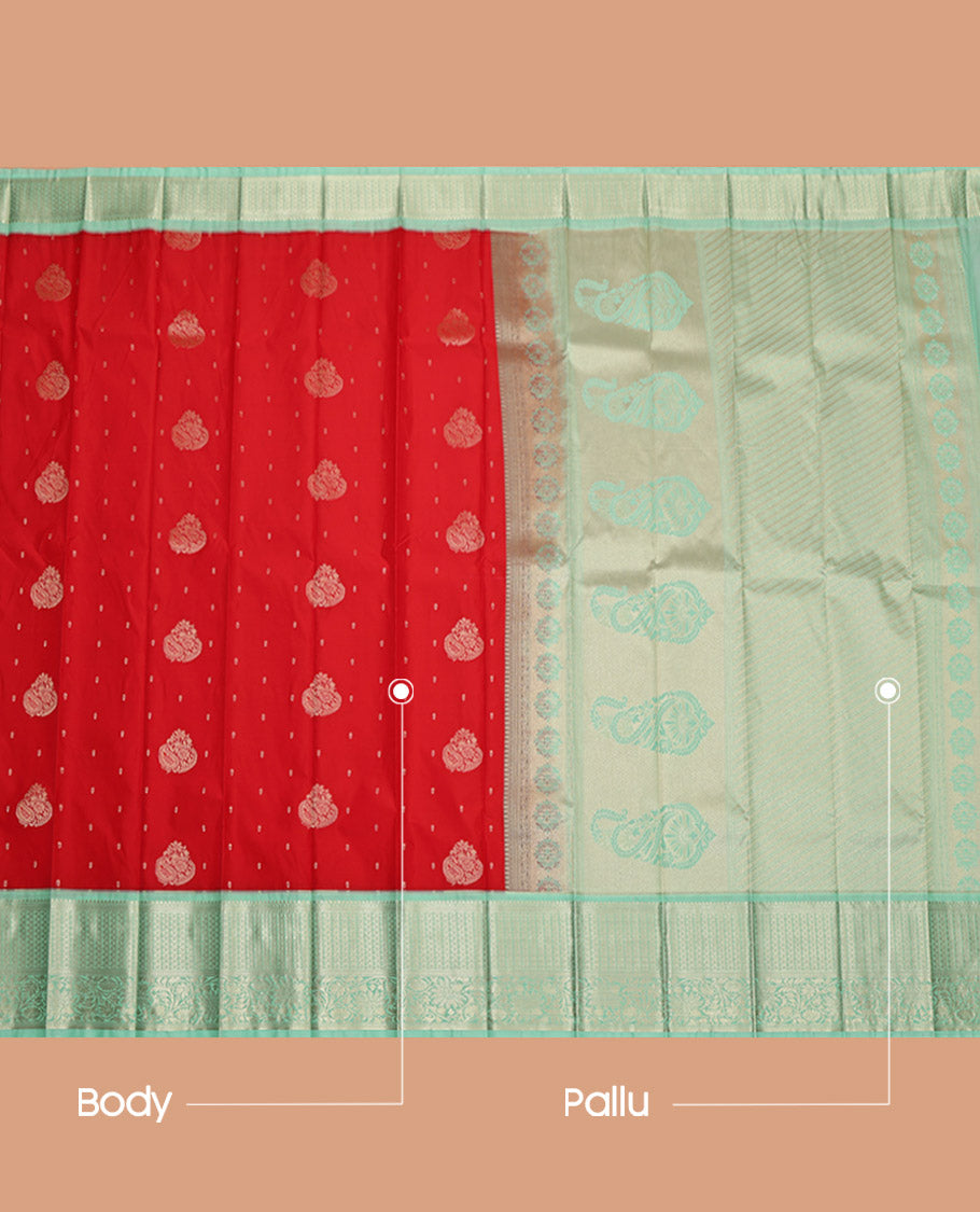 Red Budget Silk Saree, Ornamented with Zari Buttas, Contrast Traditional Zari Design Featured Border, Pallu of Jaal and Paisley Designs, and a Contrast Blouse