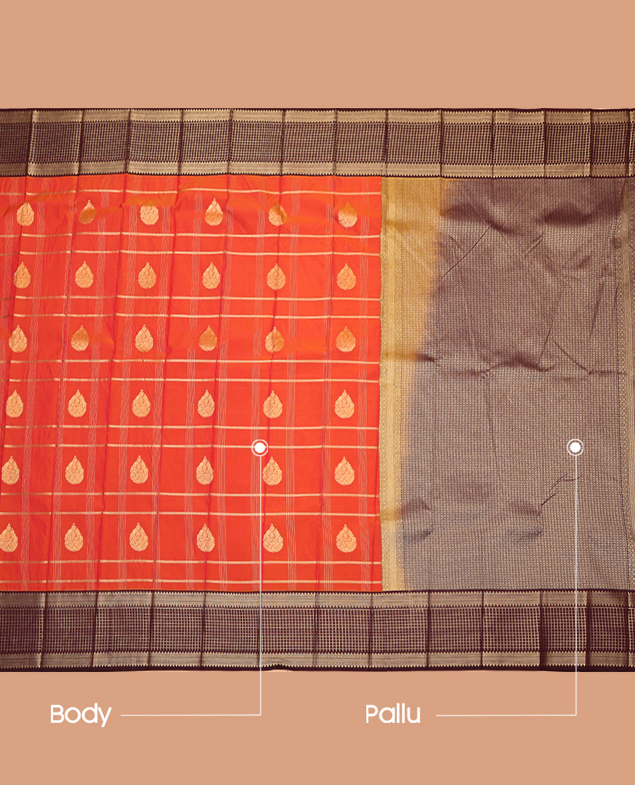 Rust Budget Silk Saree, Highlighted by Zari Buttas and Checks, Complemented by a Contrast Traditional Zari Border, Grand Pallu, and Contrast Blouse