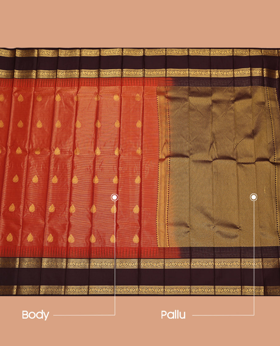 Rust Budget Silk Saree, Boldly Accentuated with Zari Buttas and Stripes on Its Body, Complemented by a Contrast Traditional Zari Design Rettai Pettu Temple Border, Grand Jaal Pallu, and Paired with a Contrast Blouse