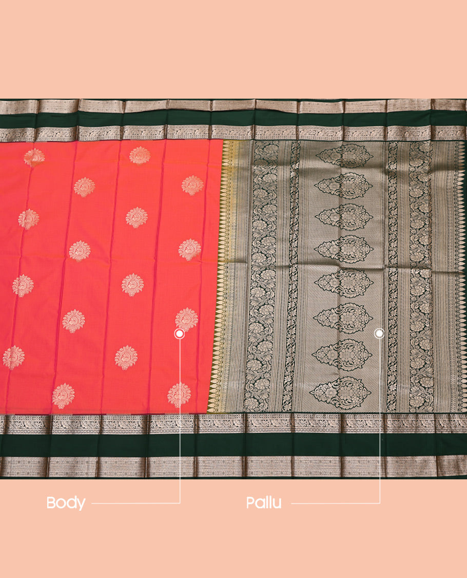 Pink Budget Silk Saree, Detailed with Zari Buttas All Over Its Body, Complemented by a Contrast Traditional Zari Design Rettai Pettu Border, Intricate Pallu, and Paired with a Contrast Blouse