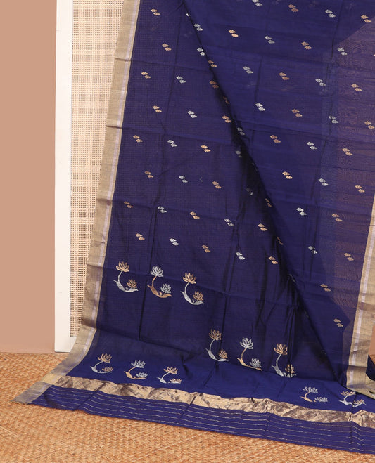 Dark blue leaf design chanderi cotton saree with contrast zari border & lotus design, striped pallu