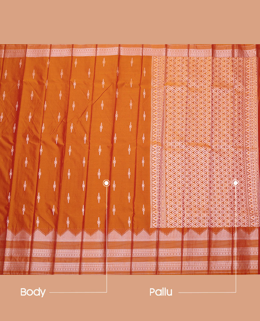 Orange Budget Silk Saree, Delicately Woven with Zari Buttas All Over Its Body, Highlighted by a Traditional Zari Design Border, Intricately Designed Pallu, and Paired with a Matching Blouse