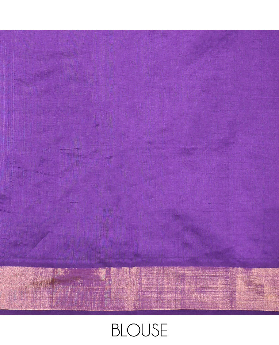 Green Poly Cotton Saree, Subtly Sparked with Buttas, Subtle Bavanji Border, Complemented by Contrast Pallu of Stripes, and Paired with a Contrast Blouse