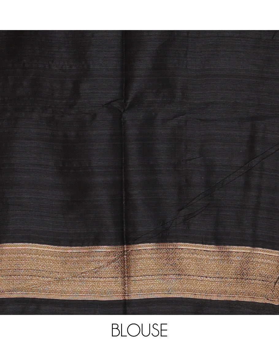 Black floral zari buttas jute silk saree, contrast meenakari floral creeper & jaal design border, jaal pallu & matching plain blouse