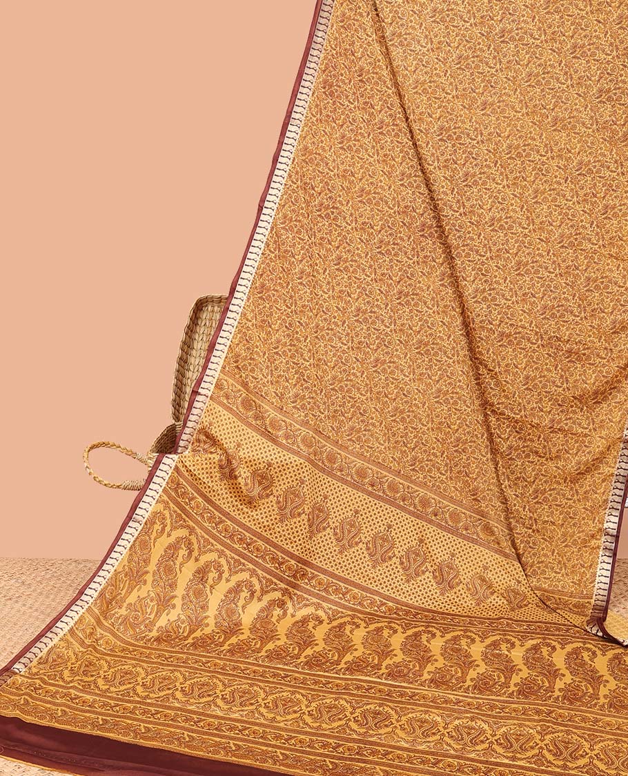 Light brown floral printed semi-banaras printed saree, paisley motifs border & intricate paisley motifs border