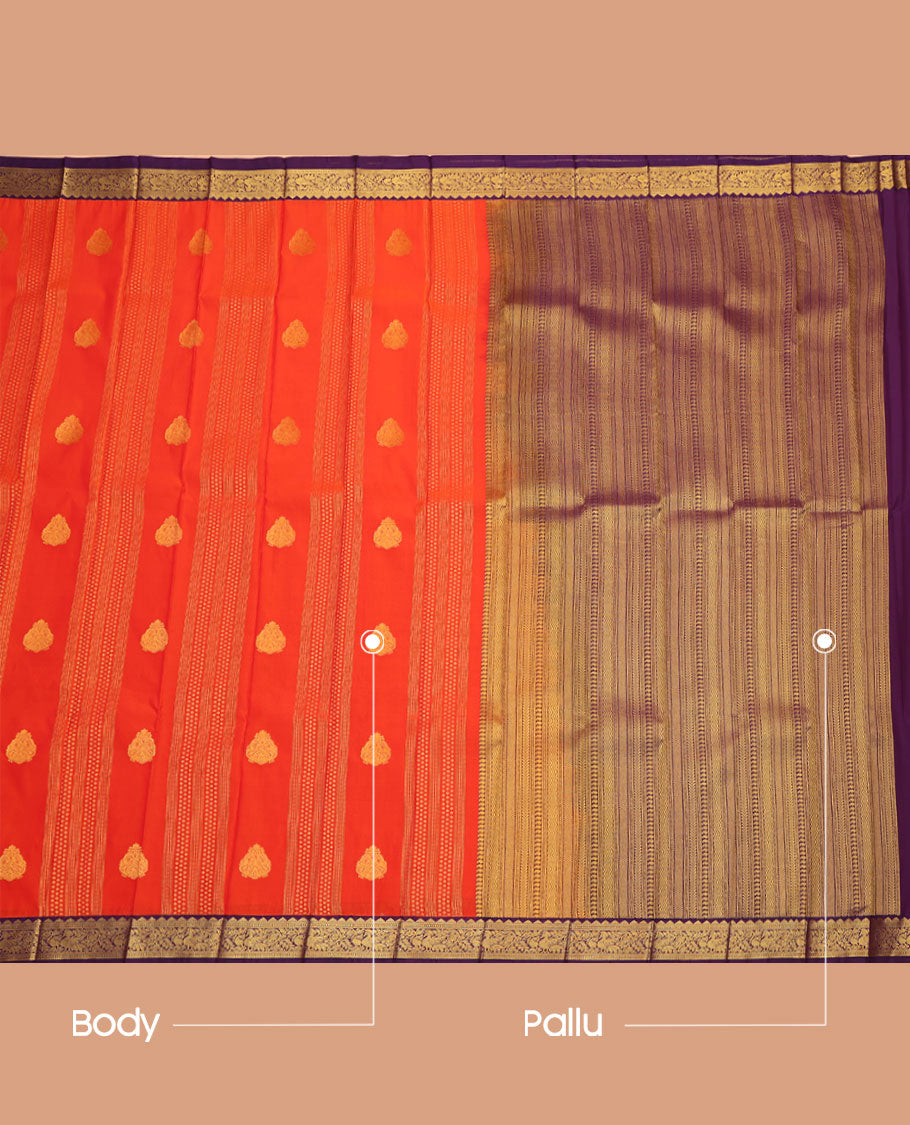 Orange Budget Silk Saree, Depicting Zari Buttas All Over Its Body, Complemented by a Contrast Traditional Zari Design Border of Peacocks, a Pallu Steeped with Traditional Design, and Paired with a Contrast Blouse