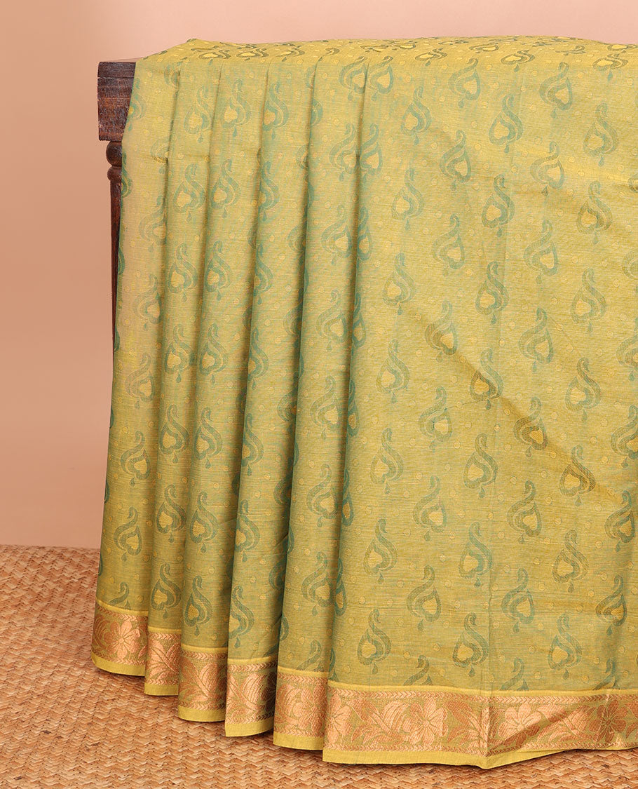 Green unique design Combatiore cotton saree, traditional zari design border & pallu steeped with paisley motifs
