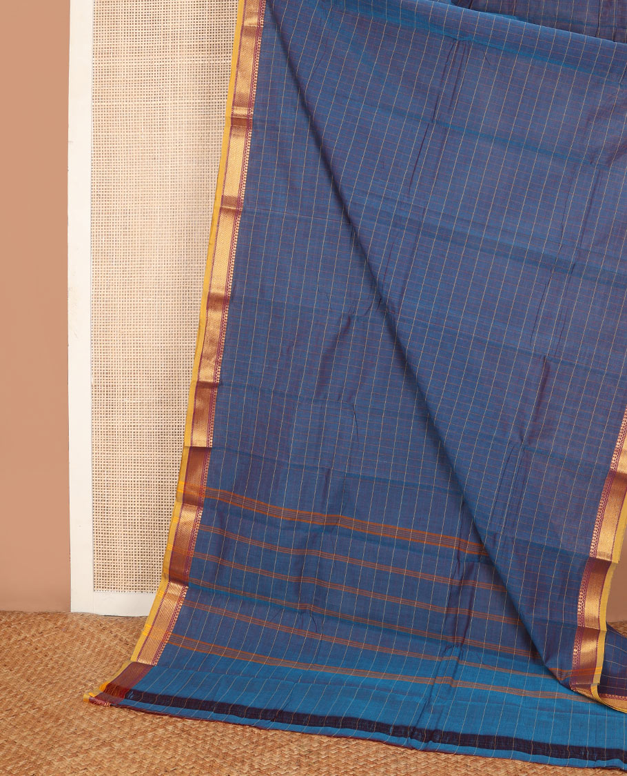 Blue dual-tone checked Chettinad cotton saree, contrast traditional zari border & striped pallu