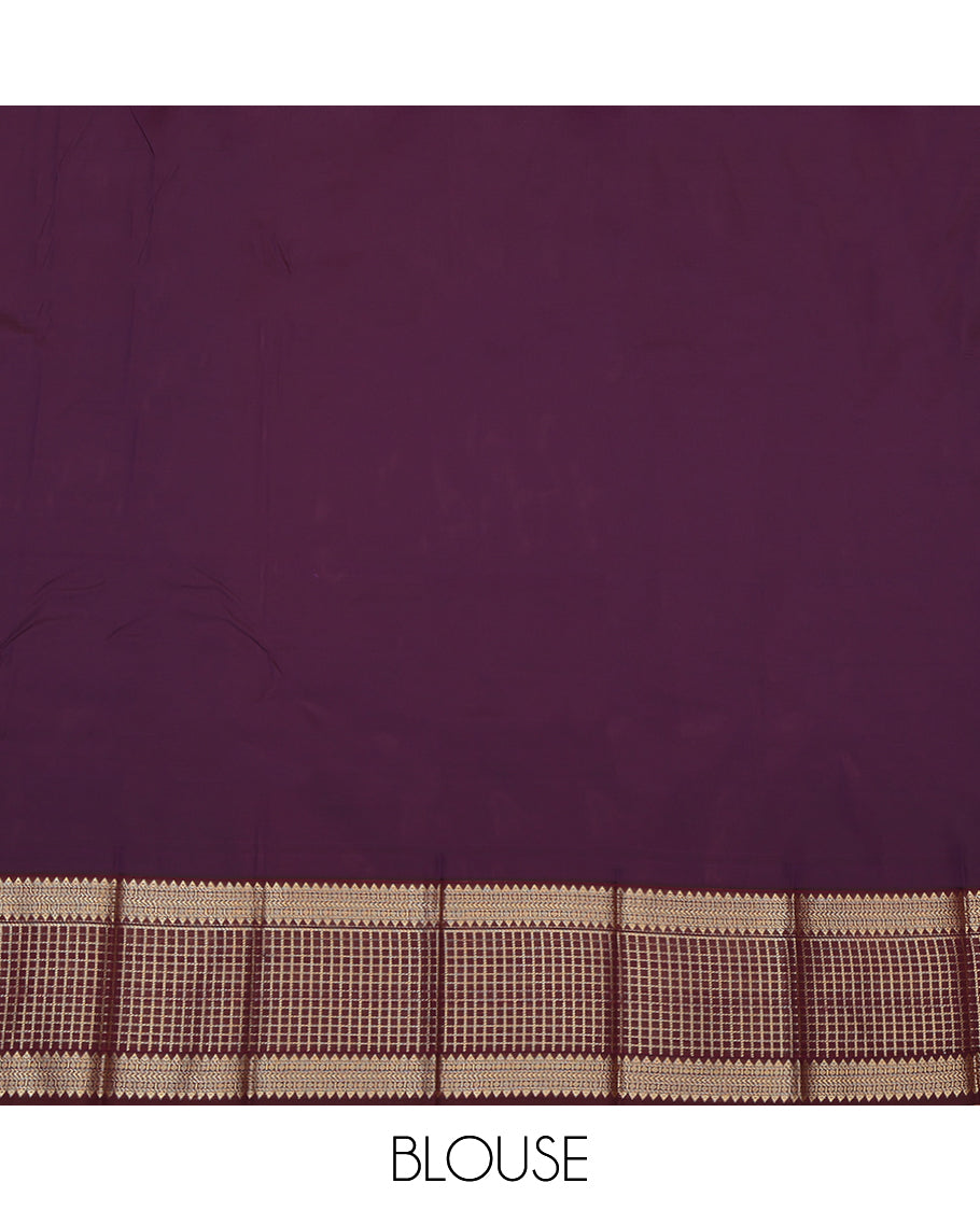 Rust Budget Silk Saree, Highlighted by Zari Buttas and Checks, Complemented by a Contrast Traditional Zari Border, Grand Pallu, and Contrast Blouse