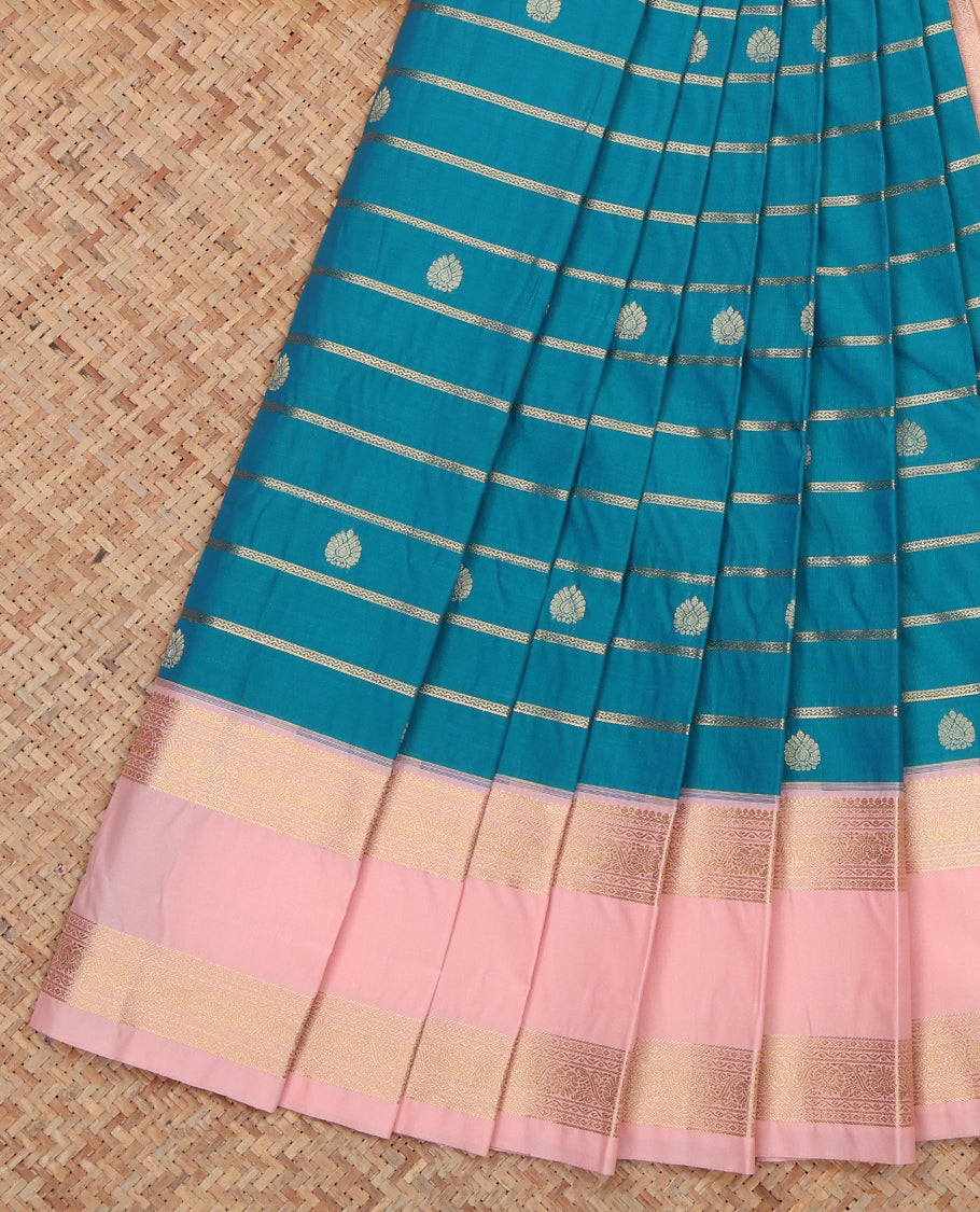 Blue Budget Silk Saree, Bedecked with Zari Buttas and Stripes, a Contrast Traditional Zari Rettai Pettu Border, Grand Pallu, and a Contrast Blouse