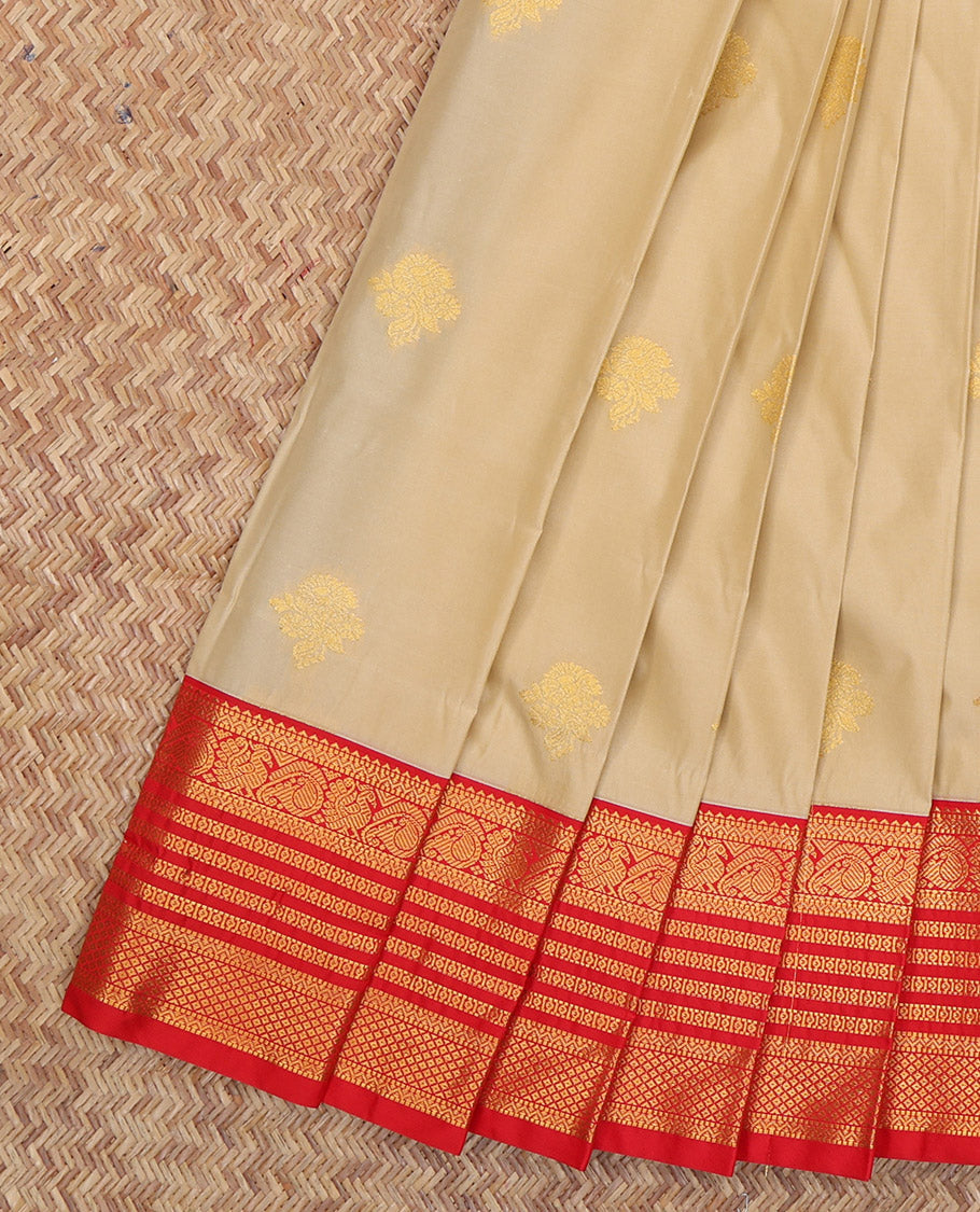 Sandal Budget Silk Saree, Delicately Woven with Zari Buttas, a Contrast Traditional Zari Border, Grand Pallu, and a Contrast Blouse