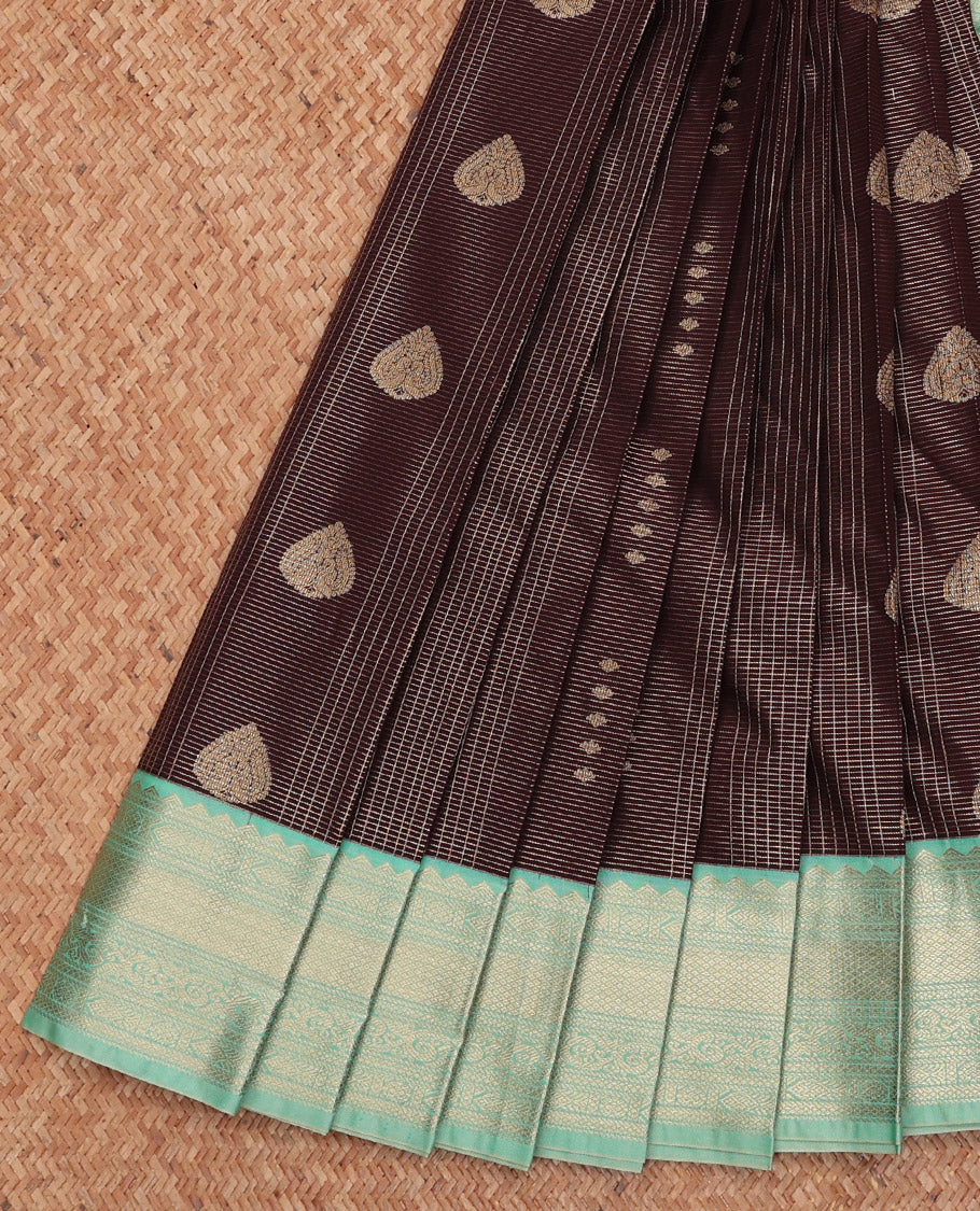 Brown Budget Silk Saree, Finely Crafted with Zari Buttas and Checks, Complemented by a Contrast Traditional Zari Border, Jaal Pallu, and a Contrast Blouse
