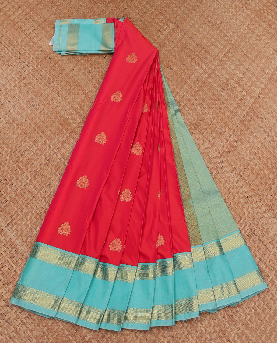 Red Budget Silk Saree, Gleamed Up with Zari Buttas, Complemented by a Contrast Traditional Zari Rettai Pettu Border, Jaal Pallu, and Contrast Blouse