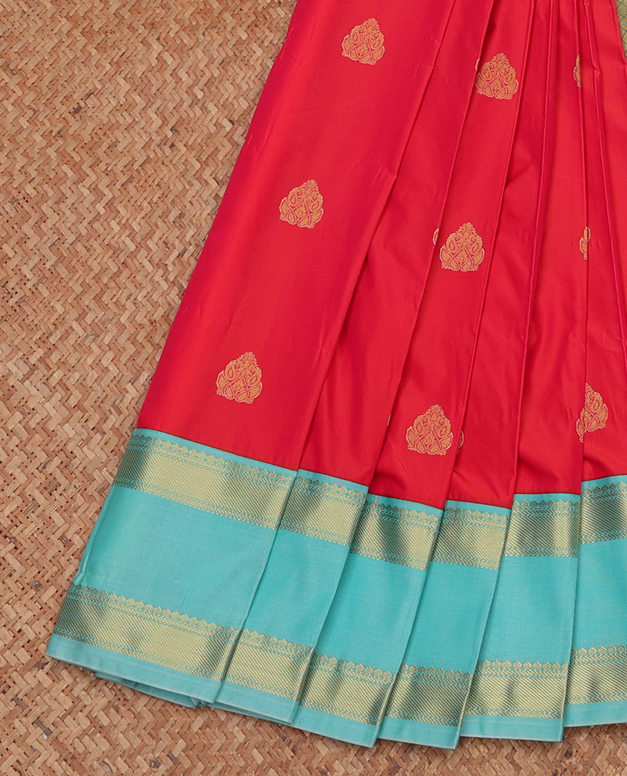 Red Budget Silk Saree, Gleamed Up with Zari Buttas, Complemented by a Contrast Traditional Zari Rettai Pettu Border, Jaal Pallu, and Contrast Blouse