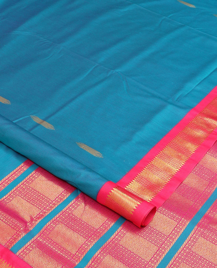 Blue buttas nine-yard cotton saree, contrast border, and pallu steeped with traditional designs