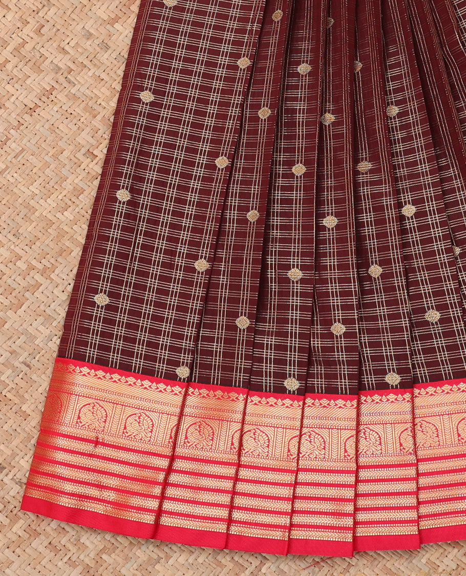 Maroon Budget Silk Saree, Ornamented with Zari Buttas, a Contrast Traditional Zari Border, Grand Pallu, and a Contrast Blouse