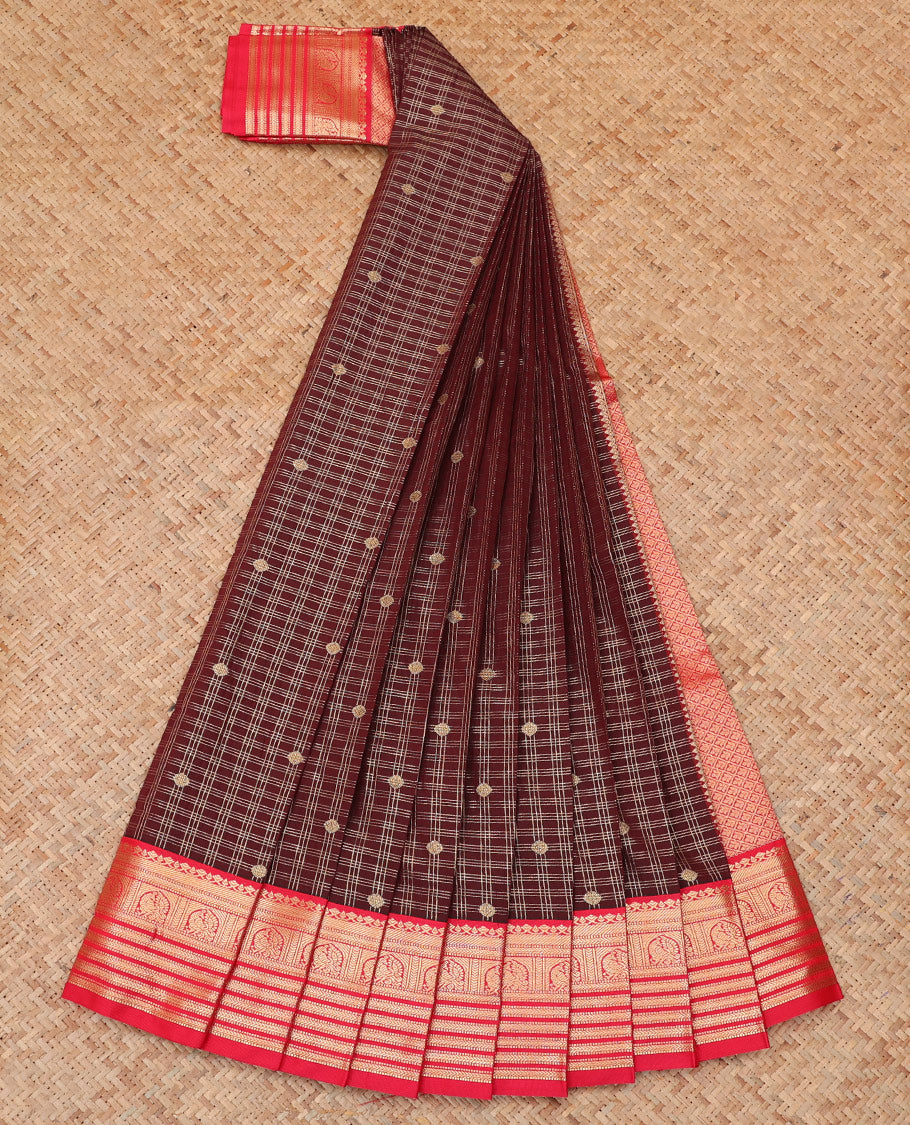 Maroon Budget Silk Saree, Ornamented with Zari Buttas, a Contrast Traditional Zari Border, Grand Pallu, and a Contrast Blouse